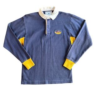 VTG Lands End Rugby Shirt Mens Navy Yellow Embroidered Long Sleeve Polo Size S